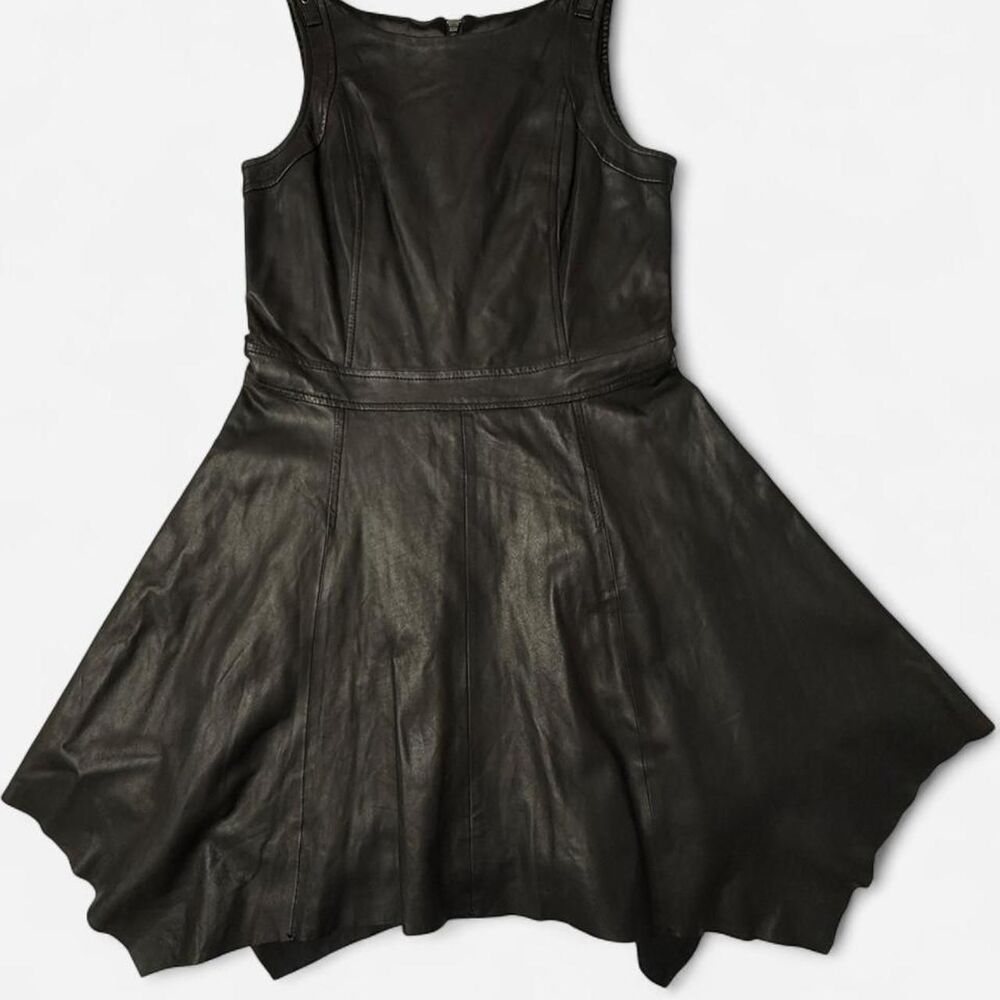 Armani Exchange Black Lamb Leather Handkerchief Hem Sleeveless Dress, Size 10